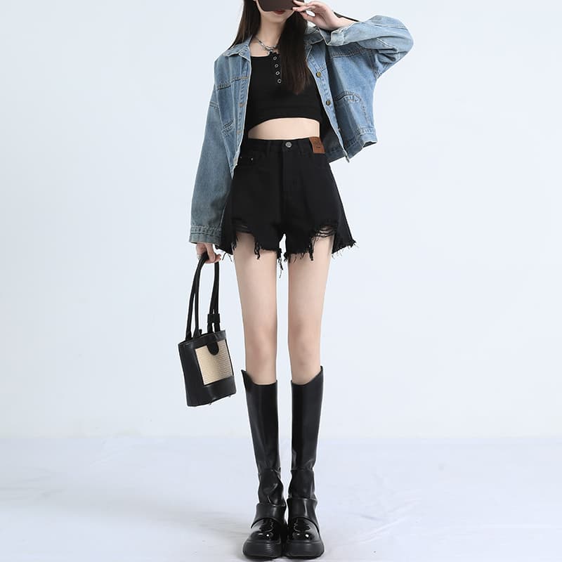 ショートパンツ 裾フリンジ加工デニムショートパンツ