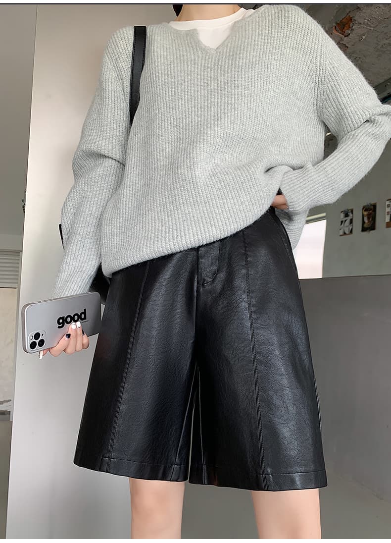 ショートパンツ 上品フェイクレザーハーフパンツ
