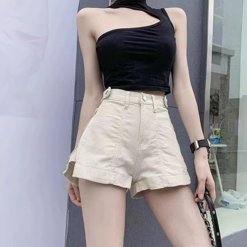 ジッパーデザイン ハイウエストショートパンツ