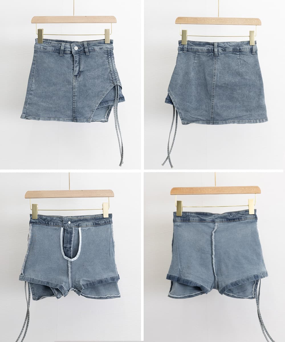 ショートパンツ レディース サイドリボン スカート風デニムショーパン
