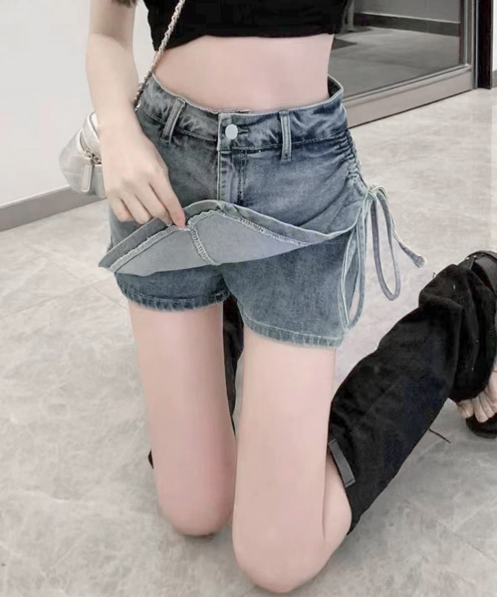 ショートパンツ レディース サイドリボン スカート風デニムショーパン