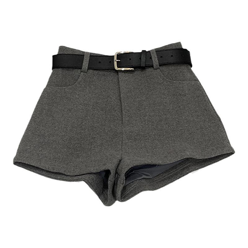 ウール混ベルト付きハイウエストショートパンツ