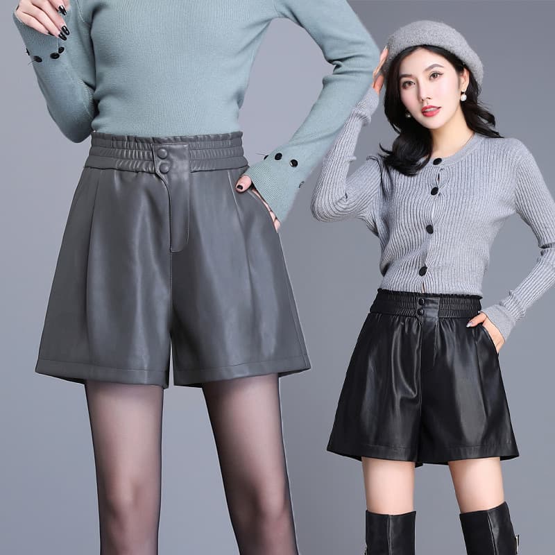 ウエストゴム合皮ワイドショートパンツ