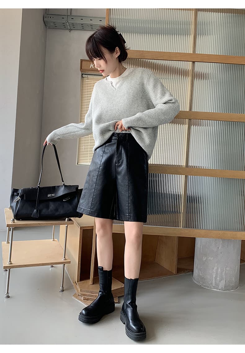 ショートパンツ 上品フェイクレザーハーフパンツ