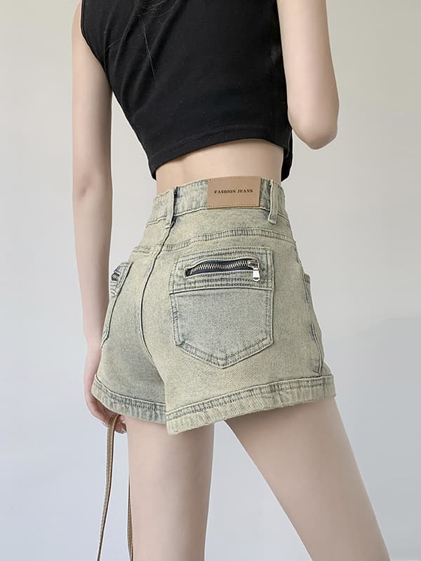ショートパンツ ハイウエスト ファスナーポケットショートパンツ