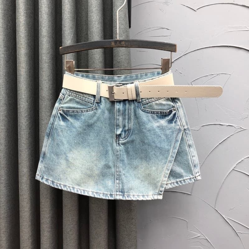 ショートパンツ ベルト付きデニムスカートパンツ