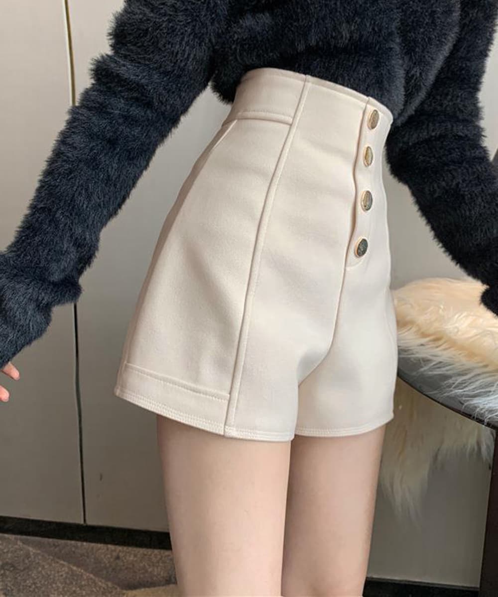 レディース ハイウエスト ボタン付きショートパンツ