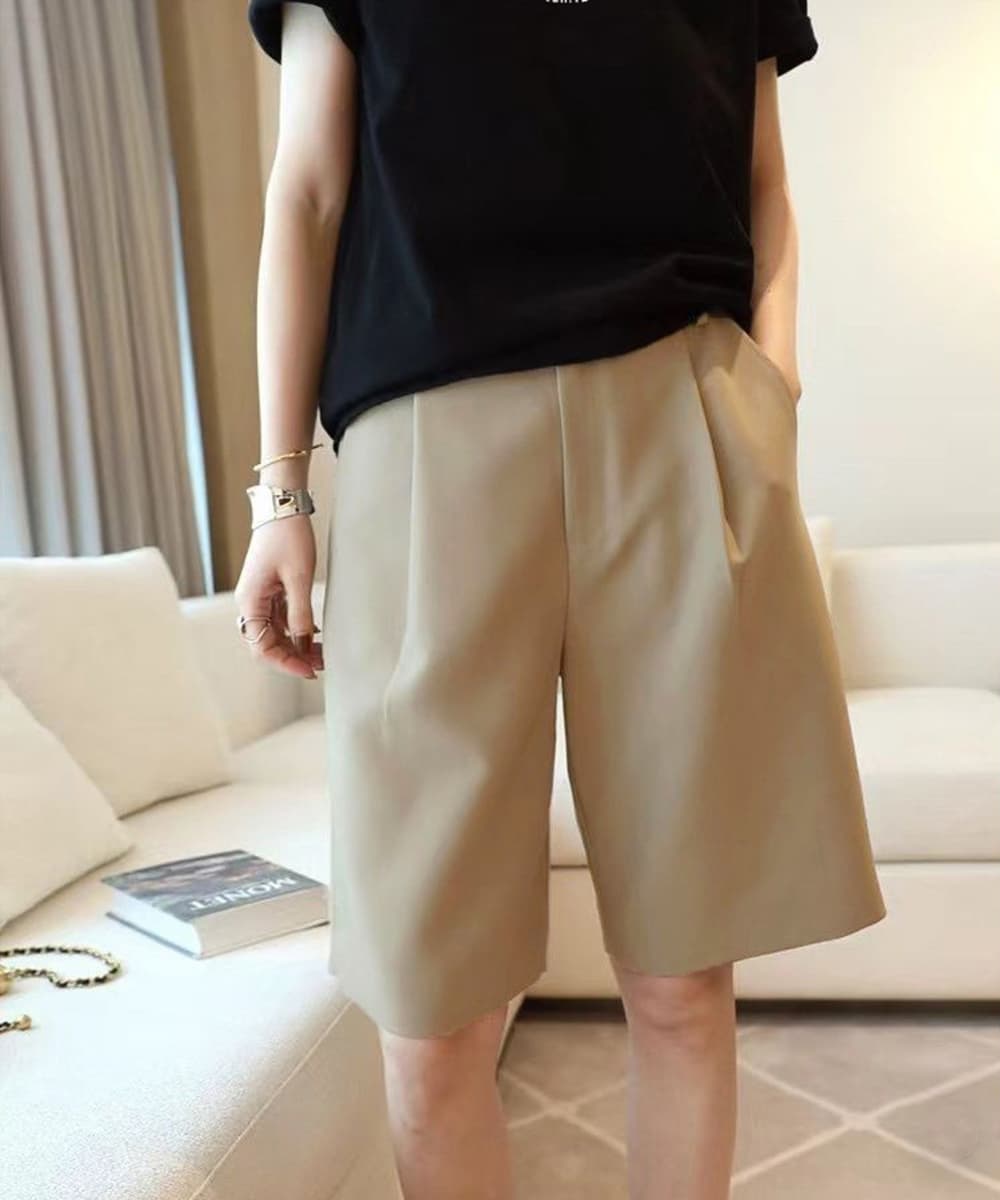 レディース ハイウエスト タックショートパンツ 美脚効果