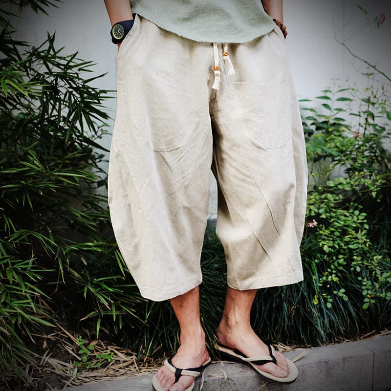 ゆったりリネン風七分丈ショートパンツ