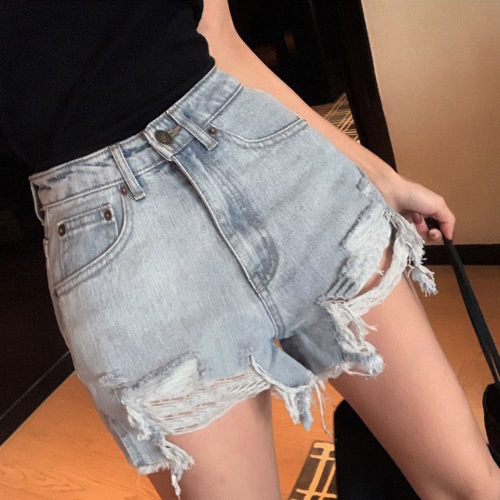 レディース ハイウエスト ダメージデニムショートパンツ