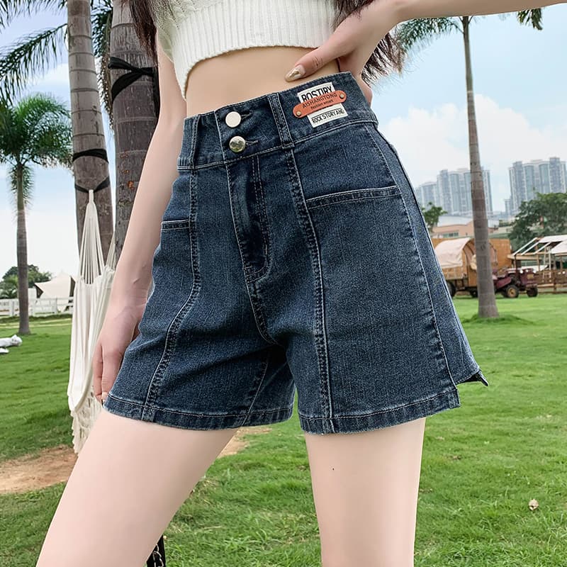 ショートパンツ ハイウエスト二重ボタンデニムショートパンツ