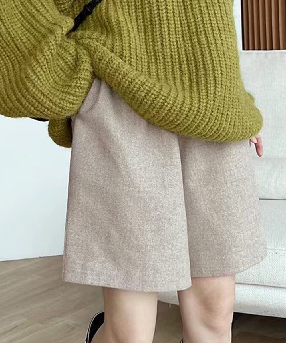 ショートパンツ レディース ウール風ハーフパンツ 美脚ワイド