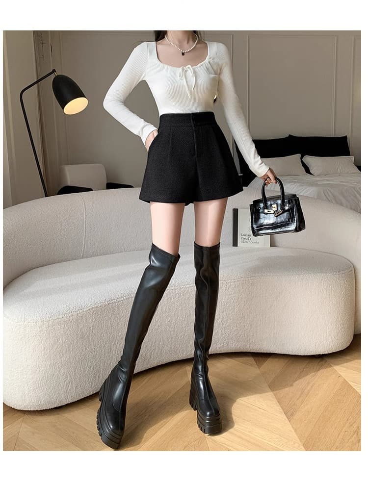 ウールブレンド ハイウエストショートパンツ