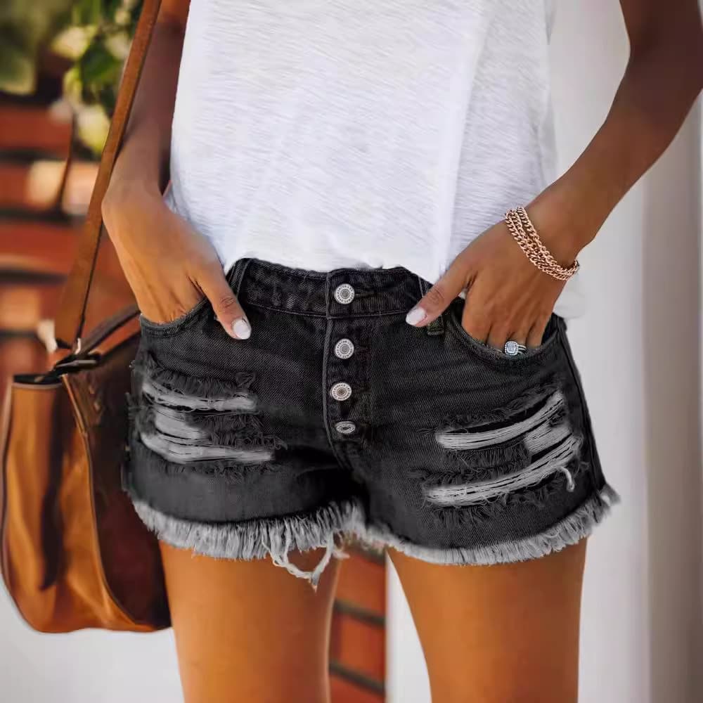 ショートパンツ ダメージ加工 ハイウエストデニムショーツ